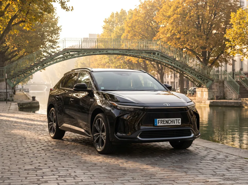 Toyota bZ4X noire French VTC au bord du canal Saint-Martin