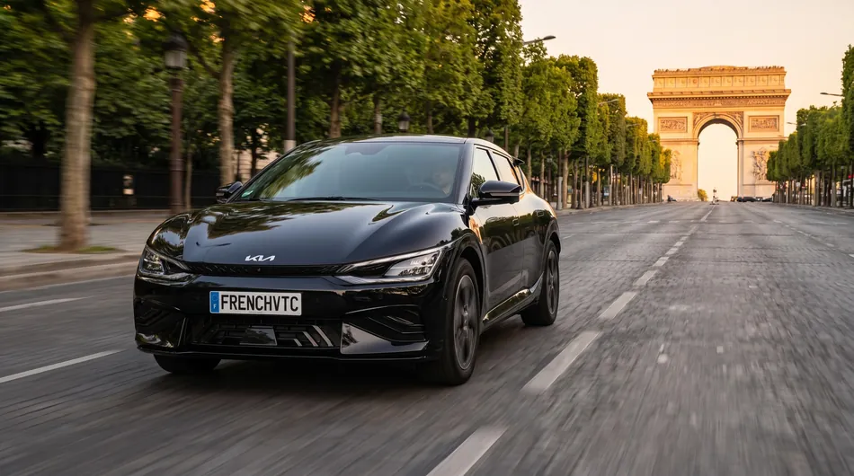 Kia EV6 noire French VTC remontant les Champs-Élysées vers l'Arc de Triomphe