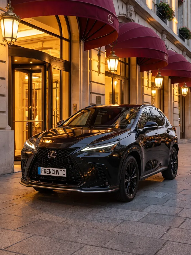 Lexus NX 350h noire French VTC devant un grand hôtel avenue Montaigne